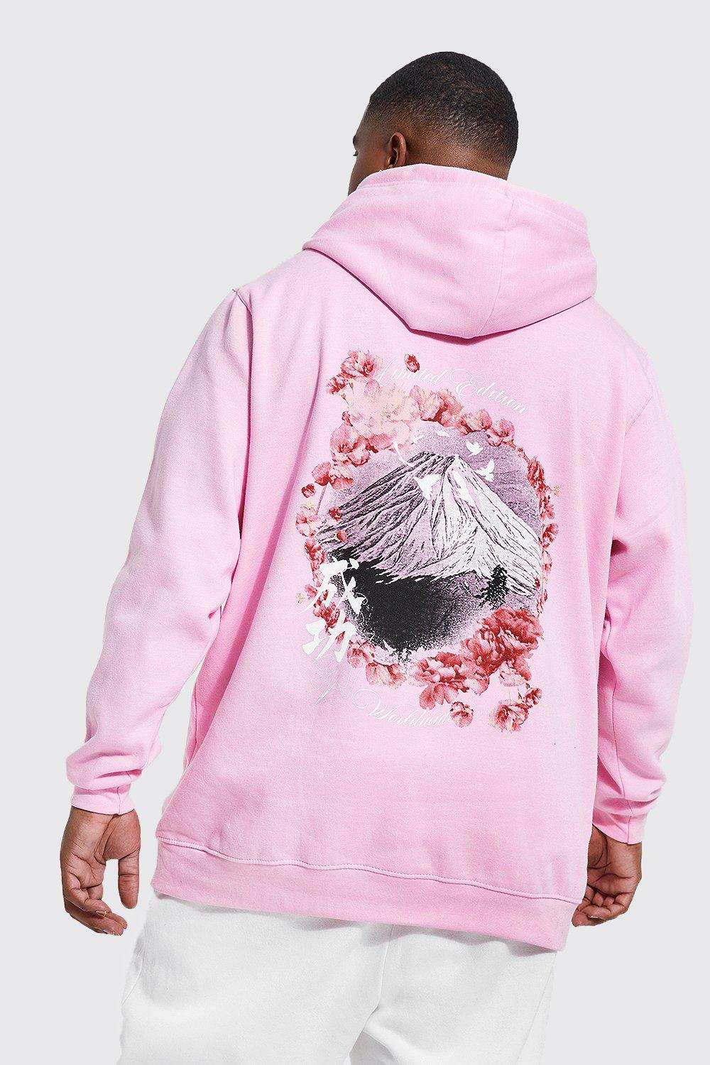 Plus Cherry Blossom Fuji Back Print Hoodie | boohooMAN USA